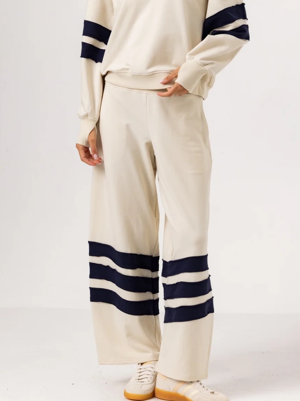 Sundays - 26-12-210 - Wide Leg Cream Lounge Pants with Navy Stripes
